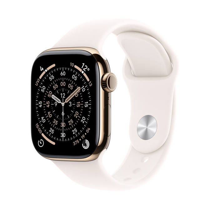 aws11_gold_titanium_sport_band_light_blush_01 Apple Watch Series 11 / GPS + Cellular / 46mm / Gold Titanium case with Light Blush Sport Band - Image 1