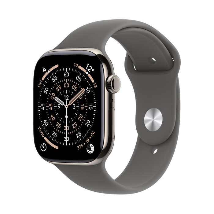 aws11_natural_titanium_sport_band_stone_gray_01 Apple Watch Series 11 / GPS + Cellular / 46mm / Natural Titanium case with Stone Grey Sport Band - Image 1