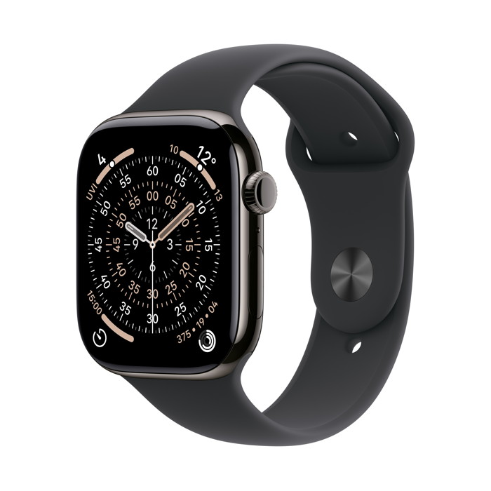 aws11_slate_titanium_sport_band_black_01 Apple Watch Series 11 / GPS + Cellular / 46mm / Slate Titanium case with Black Sport Band - Image 1